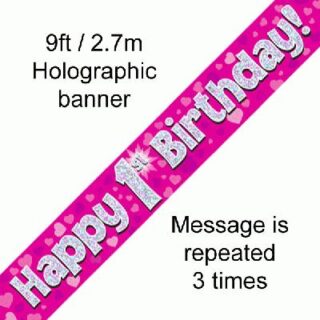 9ft Banner Happy 1st Birthday Pink holographic