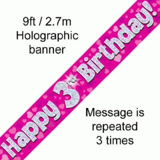 9ft Banner Happy 3rd Birthday Pink holographic