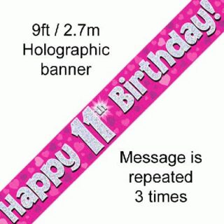 9ft Banner Happy 11th Birthday Pink Holographic