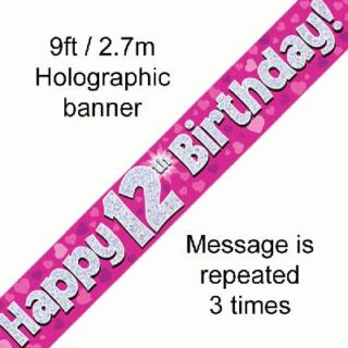 9ft Banner Happy 12th Birthday Pink Holographic