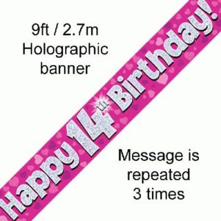 9ft Banner Happy 14th Birthday Pink Holographic