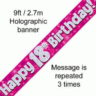 9ft Banner Happy 18th Birthday Pink Holographic