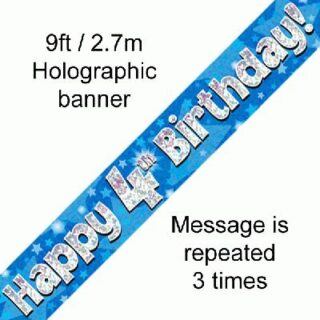 9ft Banner Happy 4th Birthday Blue holographic