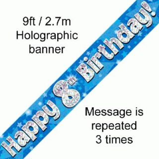 9ft Banner Happy 8th Birthday Blue holographic