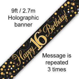 9ft Banner Sparkling Fizz 16th Birthday Black & Gold Holographic