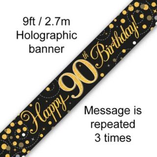 9ft Banner Sparkling Fizz 90th Birthday Black & Gold Holographic