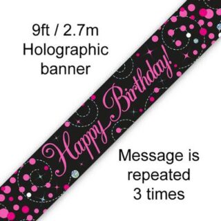 9ft Banner Sparkling Fizz Birthday Black & Pink Holographic