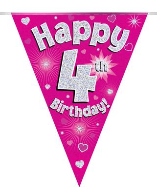 Party Bunting Happy 4th Birthday Pink Holographic 11 flags 3.9m