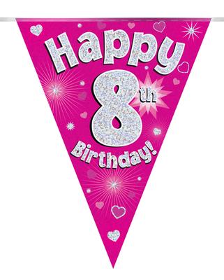 Party Bunting Happy 8th Birthday Pink Holographic 11 flags 3.9m