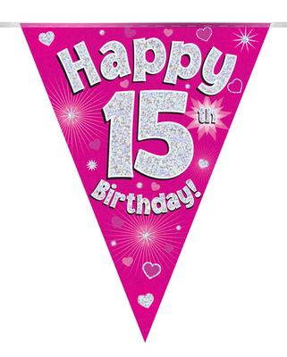 Party Bunting Happy 15th Birthday Pink Holographic 11 flags 3.9m
