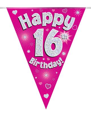 Party Bunting Happy 16th Birthday Pink Holographic 11 flags 3.9m