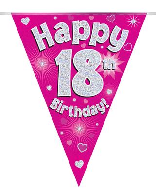 Party Bunting Happy 18th Birthday Pink Holographic 11 flags 3.9m