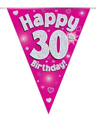 Party Bunting Happy 30th Birthday Pink Holographic 11 flags 3.9m