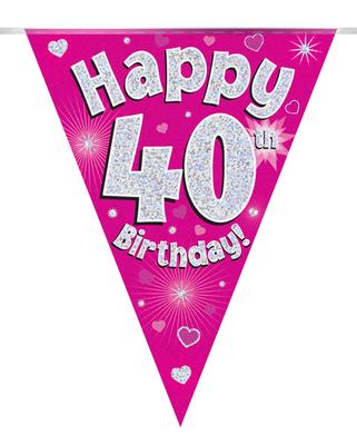 Party Bunting Happy 40th Birthday Pink Holographic 11 flags 3.9m