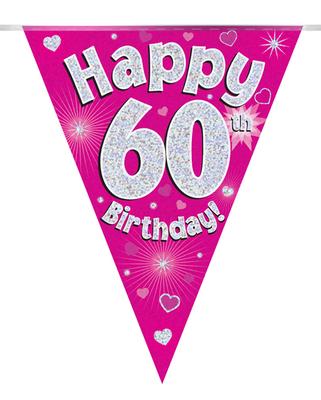 Party Bunting Happy 60th Birthday Pink Holographic 11 flags 3.9m