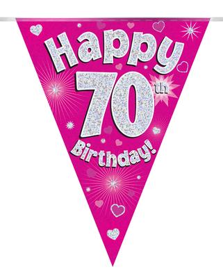 Party Bunting Happy 70th Birthday Pink Holographic 11 flags 3.9m