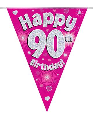 Party Bunting Happy 90th Birthday Pink Holographic 11 flags 3.9m