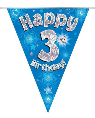 Party Bunting Happy 3rd Birthday Blue Holographic 11 flags 3.9m