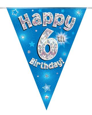 Party Bunting Happy 6th Birthday Blue Holographic 11 flags 3.9m