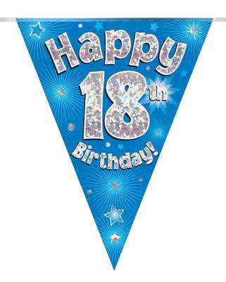 Party Bunting Happy 18th Birthday Blue Holographic 11 flags 3.9m