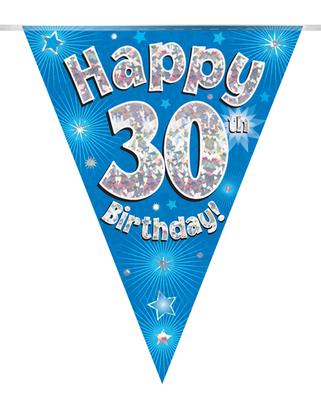 Party Bunting Happy 30th Birthday Blue Holographic 11 flags 3.9m
