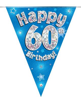 Party Bunting Happy 60th Birthday Blue Holographic 11 flags 3.9m