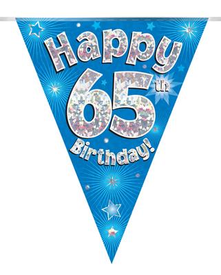 Party Bunting Happy 65th Birthday Blue Holographic 11 flags 3.9m