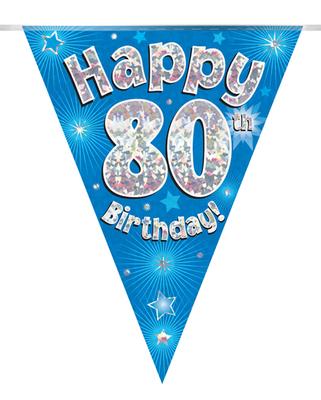 Party Bunting Happy 80th Birthday Blue Holographic 11 flags 3.9m