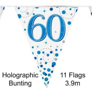 Party Bunting 60th Sparkling Fizz Birthday Blue Holographic 11 flags 3.9m