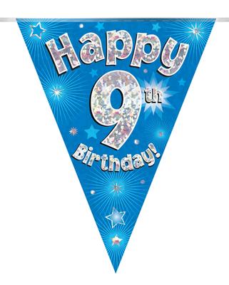 Party Bunting Happy 9th Birthday Blue Holographic 11 flags 3.9m