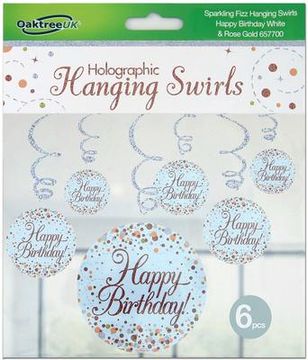 Oaktree Sparkling Fizz Hanging Swirls Happy Birthday White & Rose Gold 6pcs