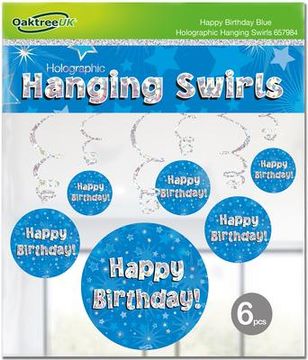 Oaktree Happy Birthday Blue Holographic Hanging Swirls  6pcs