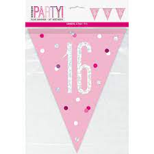 Birthday Pink Glitz Number 16 Flag Banner, 9 ft