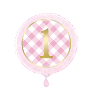 Pink Gingham 1st Birthday Round Foil Balloon 18