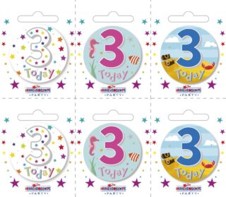 Age 3 Small Badges (6 assorted per perforated card) (5.5cm)