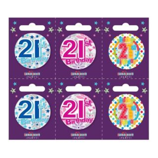 Age 21 Small Badges (6 assorted per perforated card) (5.5cm)