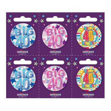Age 40 Small Badges (6 assorted per perforated card) (5.5cm)