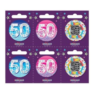 Age 50 Small Badges (6 assorted per perforated card) (5.5cm)