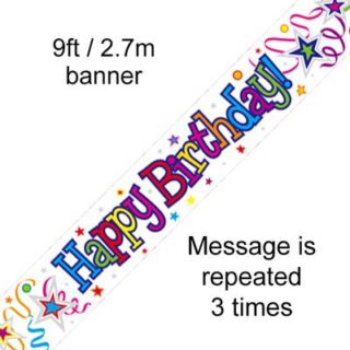 9ft Banner Happy Birthday Ribbon & Stars Metallic