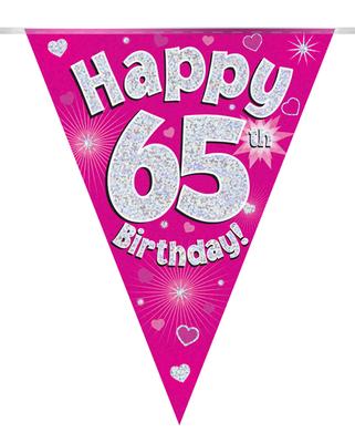 Party Bunting Happy 65th Birthday Pink Holographic 11 flags 3.9m