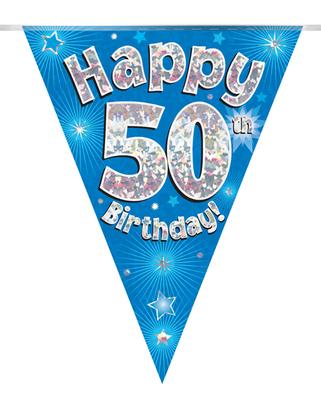 Party Bunting Happy 50th Birthday Blue Holographic 11 flags 3.9m