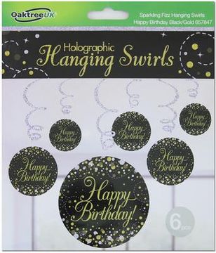 Oaktree Sparkling Fizz Hanging Swirls Happy Birthday Black / Gold 6pcs