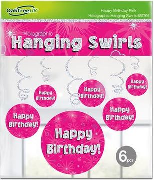 Oaktree Happy Birthday Pink Holographic Hanging Swirls  6pcs