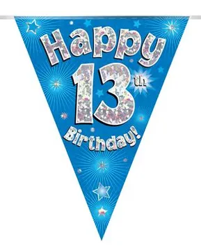 Party Bunting Happy 13th Birthday Blue Holographic 11 flags 3.9m - 631243