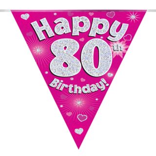 Party Bunting Happy 80th Birthday Pink Holographic 11 flags 3.9m - 630925