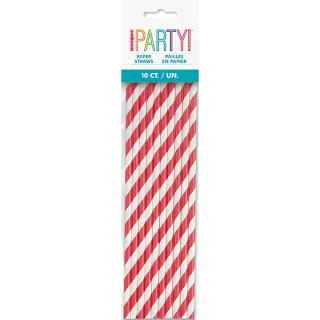 Unique - Ruby Red Striped Paper Straws, 10ct - 63687