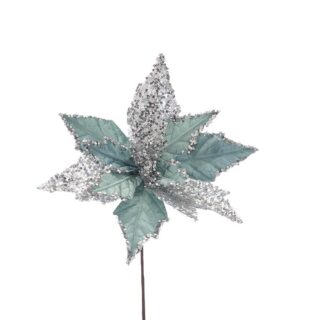 Festive - sage green with netted leaves poinsettia flower stem - 56cm - P039385