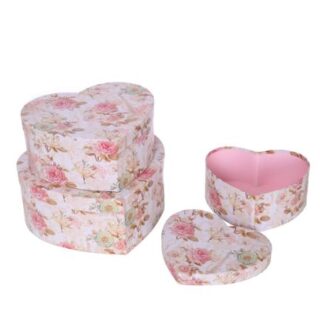 SET OF 3 HEART SHAPED FLOWER BOXES WITH FLORAL PATTERN VINTAGE PINK - 878783