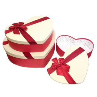 SET OF 3 LARGE HEART SHAPED FLOWER BOXES WITH RIBBON BOW RED/IVORY - 878820
