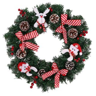 42cm SPRUCE WREATH WITH FELT CHARACTERS CONES BERRIES AND BOWS RED/WHITE - 888850